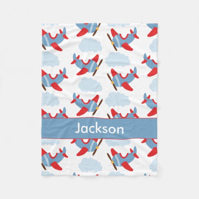 Personalized Boy Airplanes Fleece Blanket (Front)