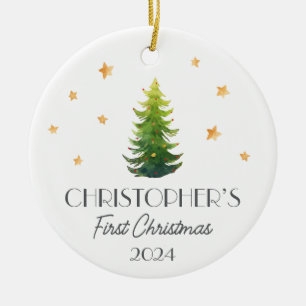 Personalized Boy Baby First Christmas Festive Tree Ceramic Ornament