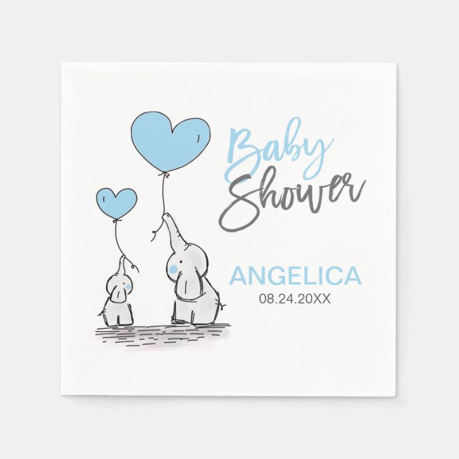 Personalized BOY Blue Elephant Mom & Baby Shower Napkin (Front)