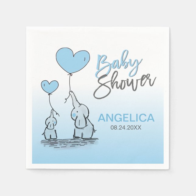 Personalized BOY Blue Elephant Mom & Baby Shower Napkin (Front)