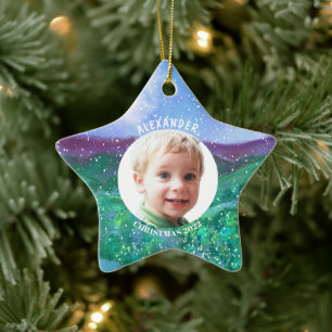 Personalized Boy Christmas Dinosaur Photo Keepsake Ceramic Ornament