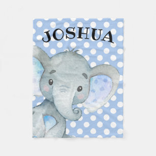 Personalized Boy Elephant Cute Blue Polka Dot Fleece Blanket