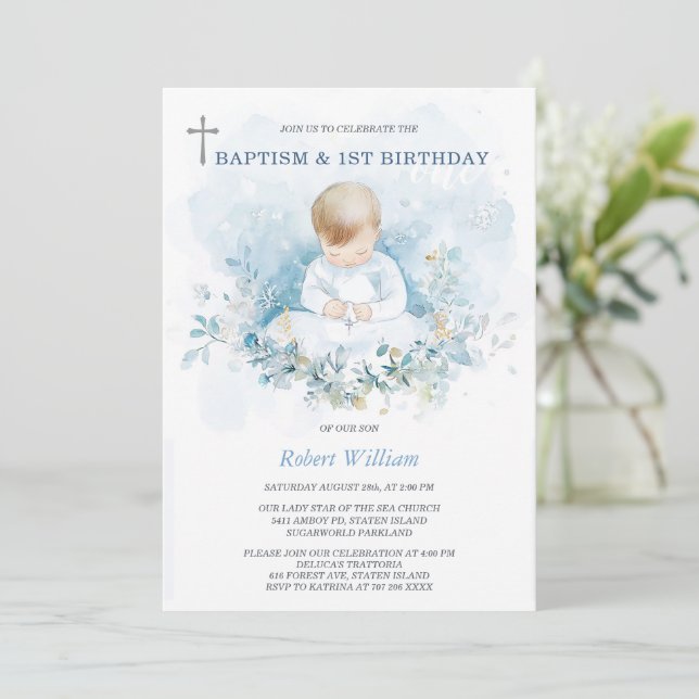Personalized Boy First Birthday and Baptism Invitation (Standing Front)