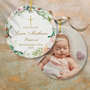 Personalized Boy Girl Baptism Photo Roses Floral Ceramic Ornament