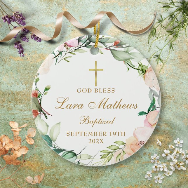 Personalized Boy Girl Baptism Roses Floral Ceramic Ornament (Creator Uploaded)