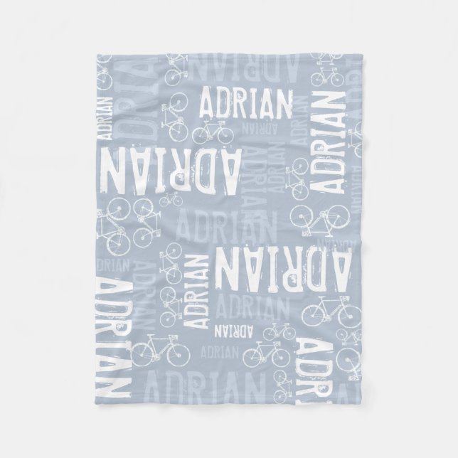 Personalized Boy Name and Bikes Dusty Blue Fleece Blanket (Front)