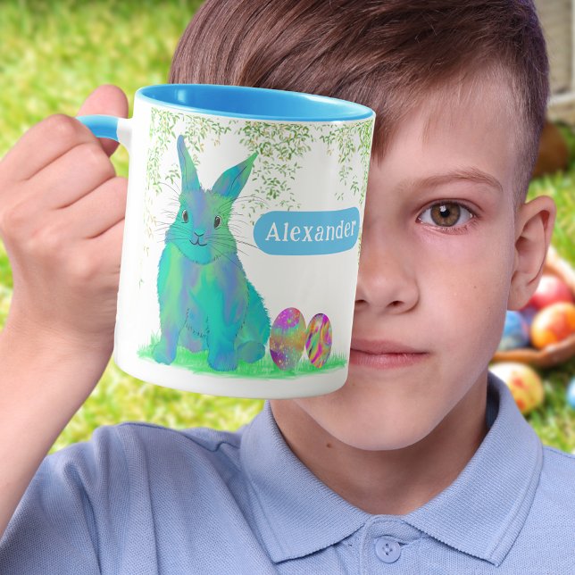 Personalized Boy Name Blue Easter Bunny Egg Hunt Mug (Personalized Boy Name Easter egg hunt brunch spring garden Colorful party mug cute bunny & Eggs)