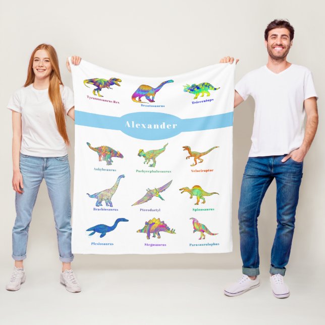 Personalized Boy Name Colourful Dinosaurs Blue Fleece Blanket (In Situ)