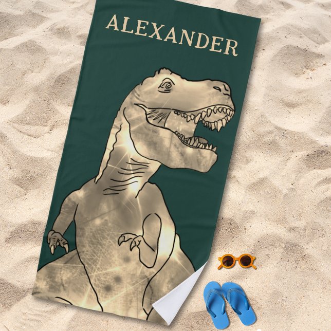 Personalized Boy Name Dinosaur Beach Towel (T-Rex dinosaur boys custom name beach towel for dino lovers)