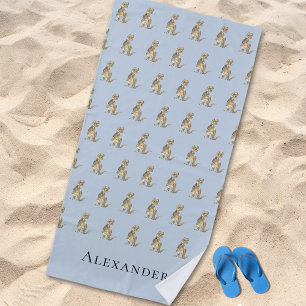 Personalized Boy Name Dinosaur Blue Beach Towel