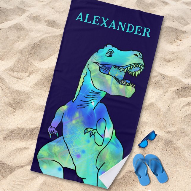 Personalized Boy Name Dinosaur Blue Beach Towel (Personalized boy name dinosaur blue green beach towel psychedelic funky T-Rex dino kids monogram )
