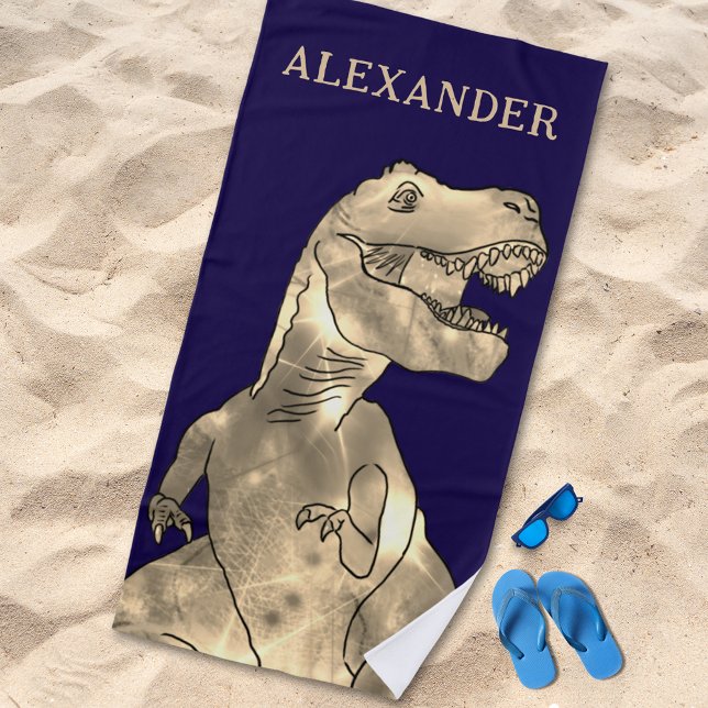 Personalized Boy Name Dinosaur Navy Blue Beach Towel (Personalized boys name dinosaur navy blue beach towel Jurassic T-Rex dino kids monogram named gift)