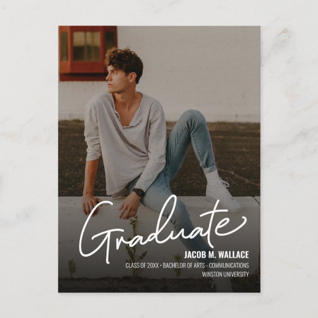 Personalized Boy University Photo Graduate Script Announcement Postcard (Front)