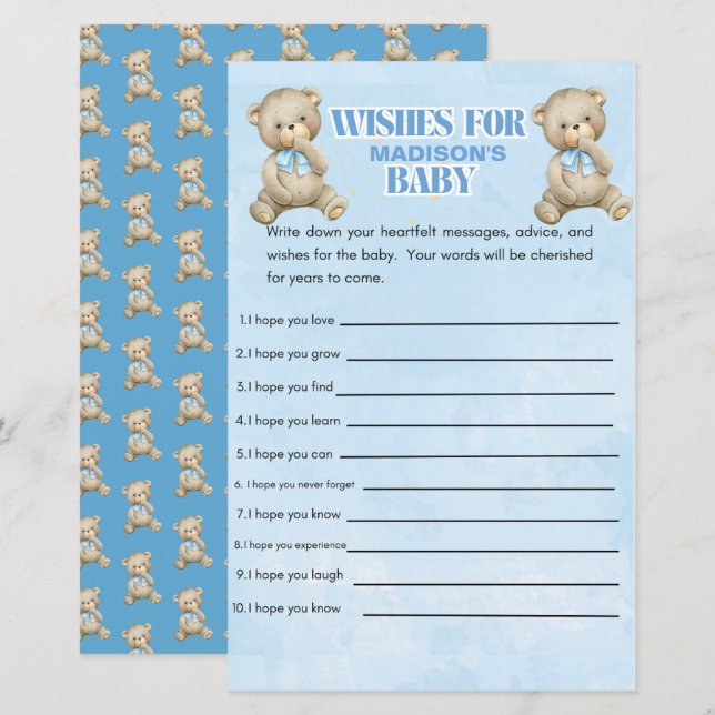  Personalized Boys Bear Baby Shower Game (Front/Back)