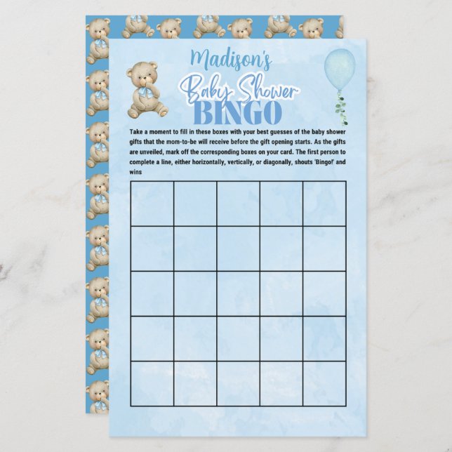  Personalized Boys Bear  Bingo Baby Shower Game (Front/Back)
