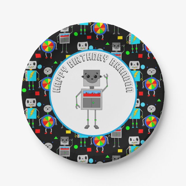 Personalized Boy's Birthday Robot  Paper Plate (Front)