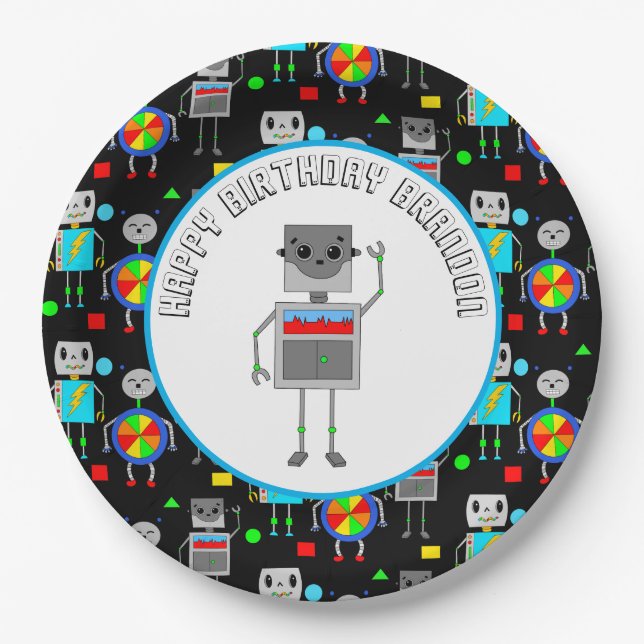 Personalized Boy's Birthday Robot  Paper Plate (Front)