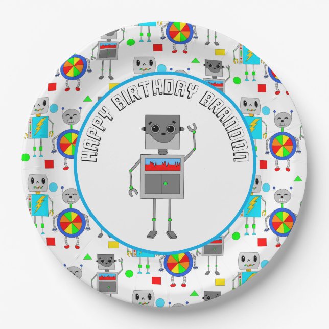Personalized Boy's Birthday Robot  Paper Plate (Front)