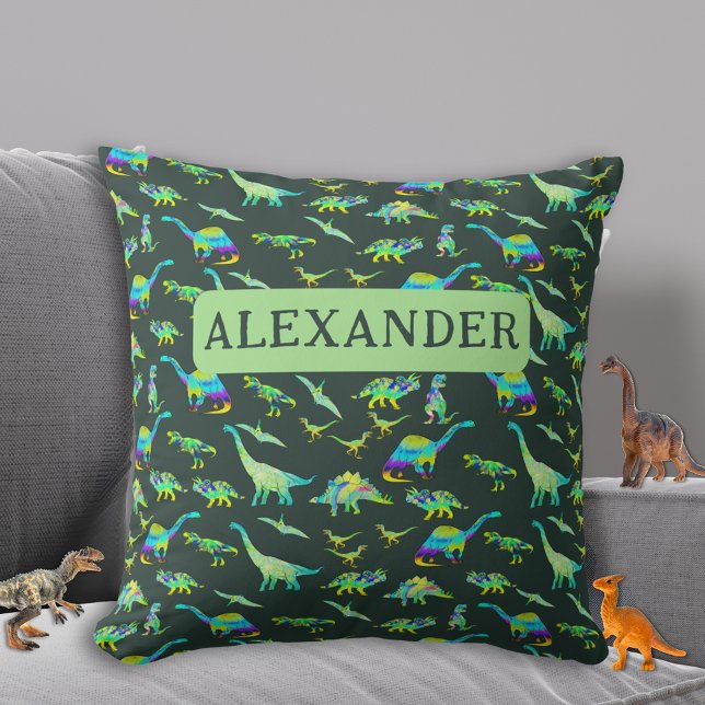 Personalized Boys Dinosaur Green Throw Pillow (Dinosaur pattern personalized boys name dark green and teal Pillow custom dino home decor)