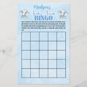 Personalized Boys Elephant Bingo Baby Shower Game