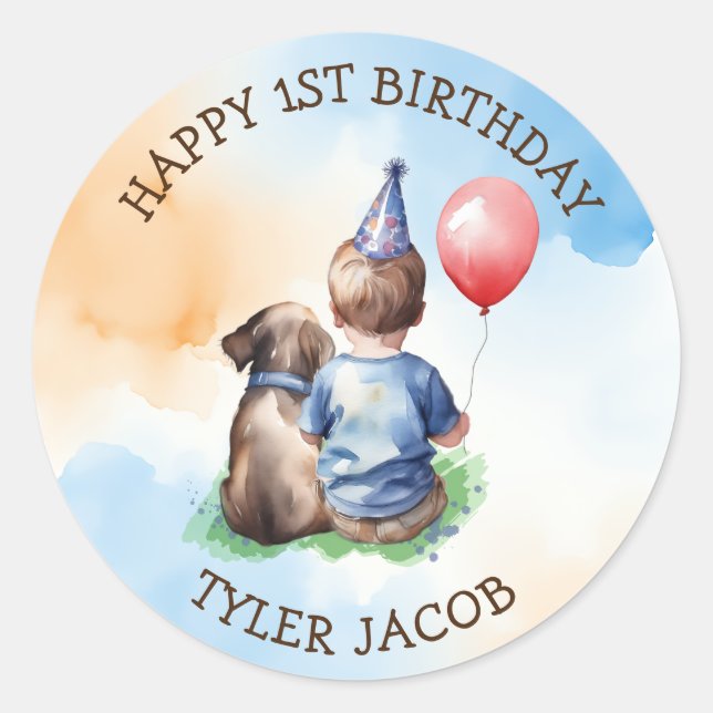 Personalized Boy's First Birthday  Classic Round Sticker (Front)