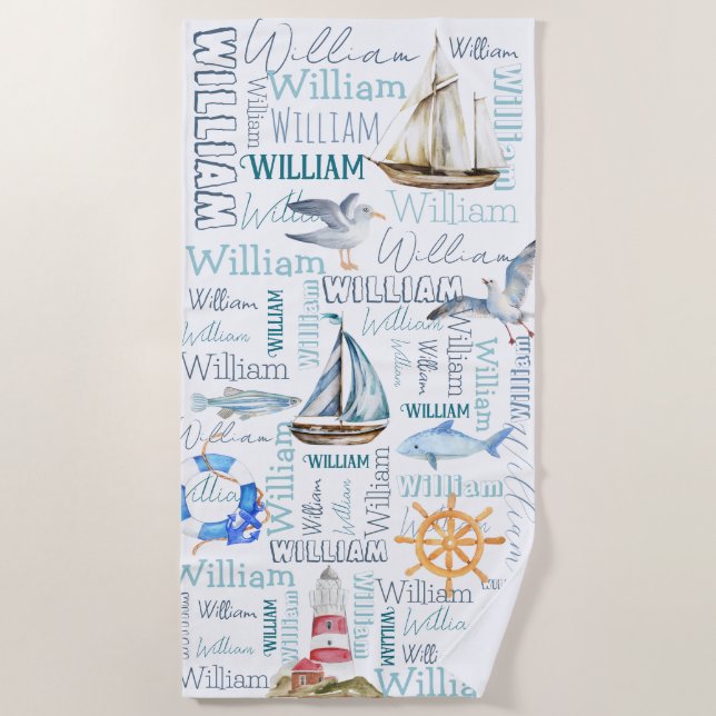 Personalized boys name nautical marine sailing beach towel (Front)