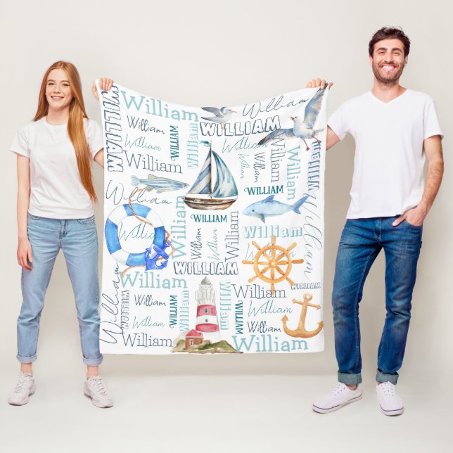 Personalized boys name nautical marine sailing  fleece blanket (In Situ)