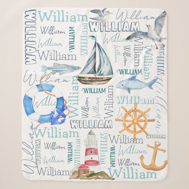Personalized boys name nautical marine sailing  sherpa blanket (Front)