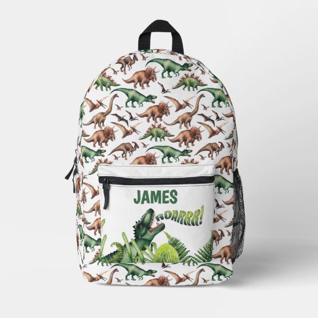 Personalized Boy's Name T-Rex Dinosaurs Printed Backpack (Front)