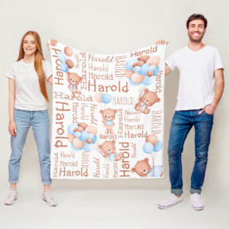 Personalized boys name teddy bear with balloons fleece blanket
