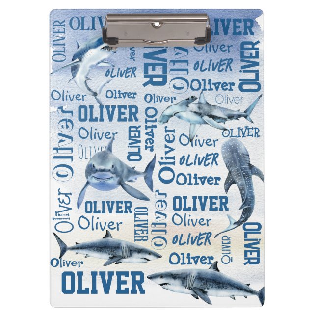 Personalized boys name with sharks collage clipboard (Front)