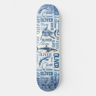 Personalized boys name with sharks collage  skateboard