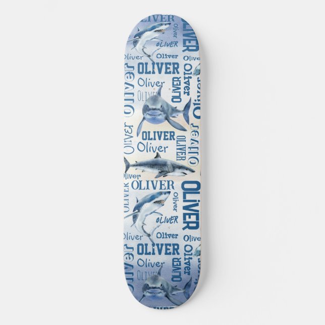 Personalized boys name with sharks collage  skateboard (Front)