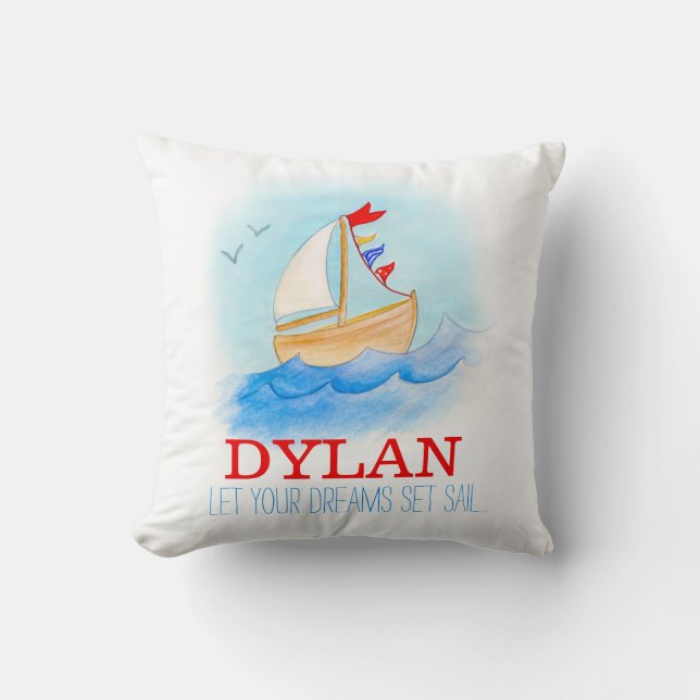 Personalized boys nursery sailing boat name pillow (Front)