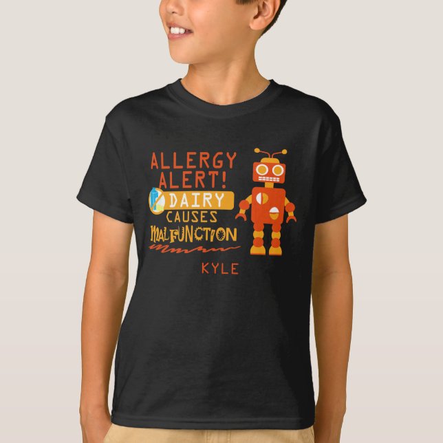 Personalized Boys Orange Robot Dairy Allergy Alert T-Shirt (Front)