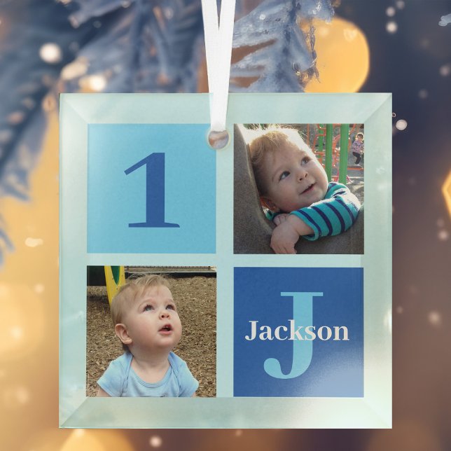 Personalized Boys Photo Collage Blue Christmas Glass Ornament (Creator Uploaded)