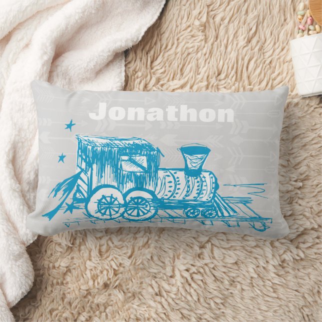 Personalized Boy's Room Grey Blue Choo Choo Train Lumbar Pillow (Blanket)