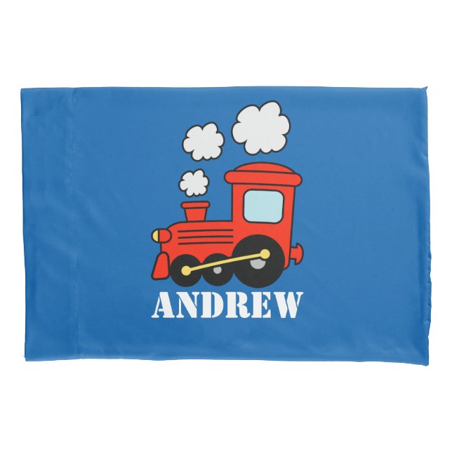 Personalized boys room pillowcase with toy train (Front)