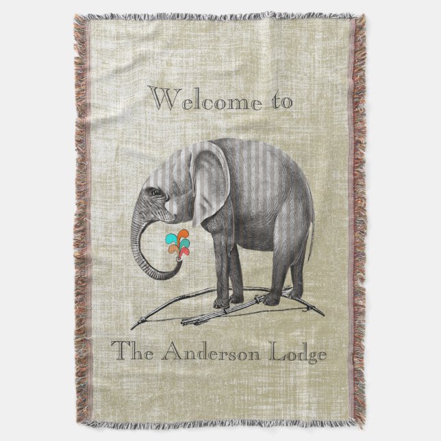 Personalized Boy's Room Vintage Elephant Throw Blanket (Front Vertical)
