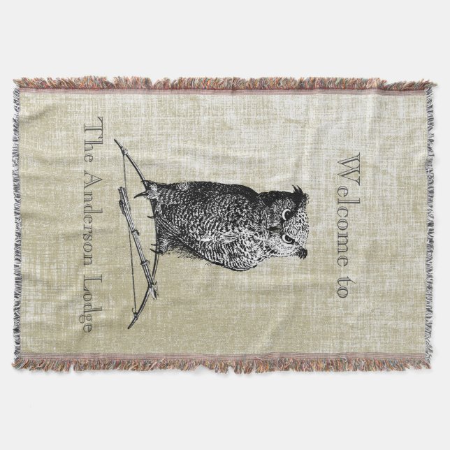 Personalized Boy's Room Vintage Owl Throw Blanket (Front)