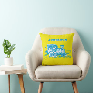 Personalized Boy's Room YELLOW Choo Choo Train Throw Pillow