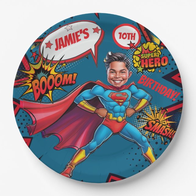 Personalized Boys’ Superhero Caricature  Paper Plate (Front)
