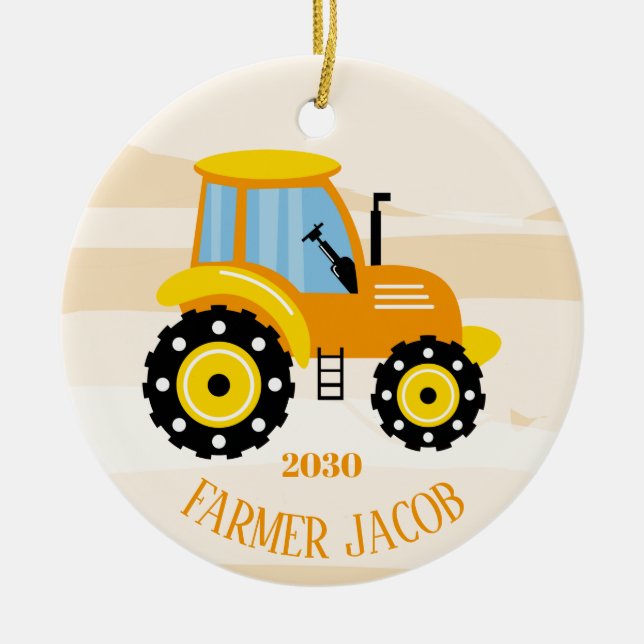 Personalized Boys Yellow Tractor Christmas   Ceramic Ornament (Front)