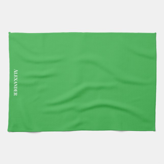Personalized Brand Green Plain Solid White Script Kitchen Towel (Horizontal)