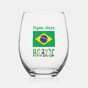 Personalized Brazil Flag Stemless Wine Glass