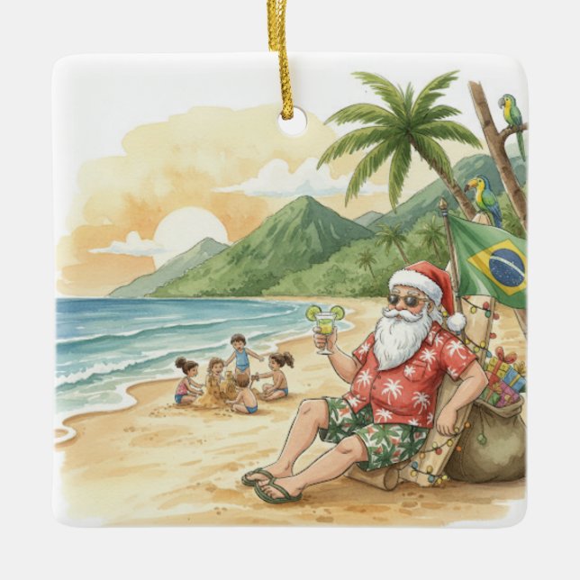 Personalized Brazilian Santa on Beach Christmas Ceramic Ornament (Front)