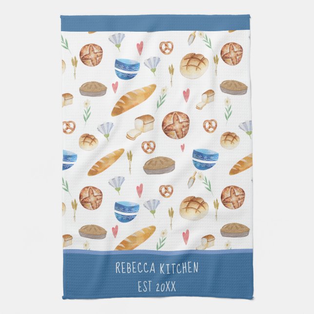 Personalized Bread & Bakery Watercolor Pattern  Kitchen Towel (Vertical)