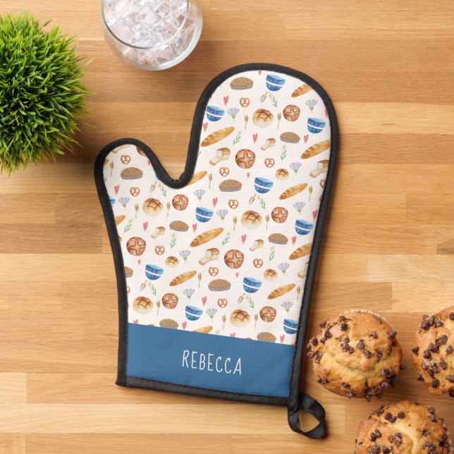 Personalized Bread & Bakery Watercolor Pattern Oven Mitt (Top down)