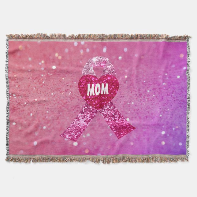 Personalized Breast Cancer Sparkle Pink Ribbon Throw Blanket (Front)