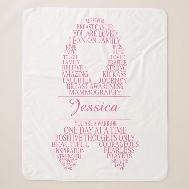 Personalized Breast Cancer Typography Ribbon Sherpa Blanket (Front)